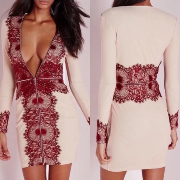 Missguided Dresses & Skirts - Misguided tan mesh lace full zip bodycon dress